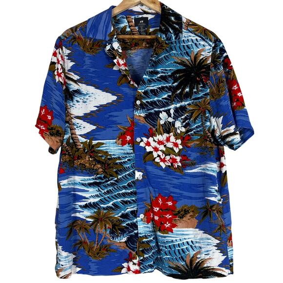 H&M Button Down Shirt Mens L Blue Tropical Floral Beachy Hawaiian Coastal Retro - Picture 1 of 5